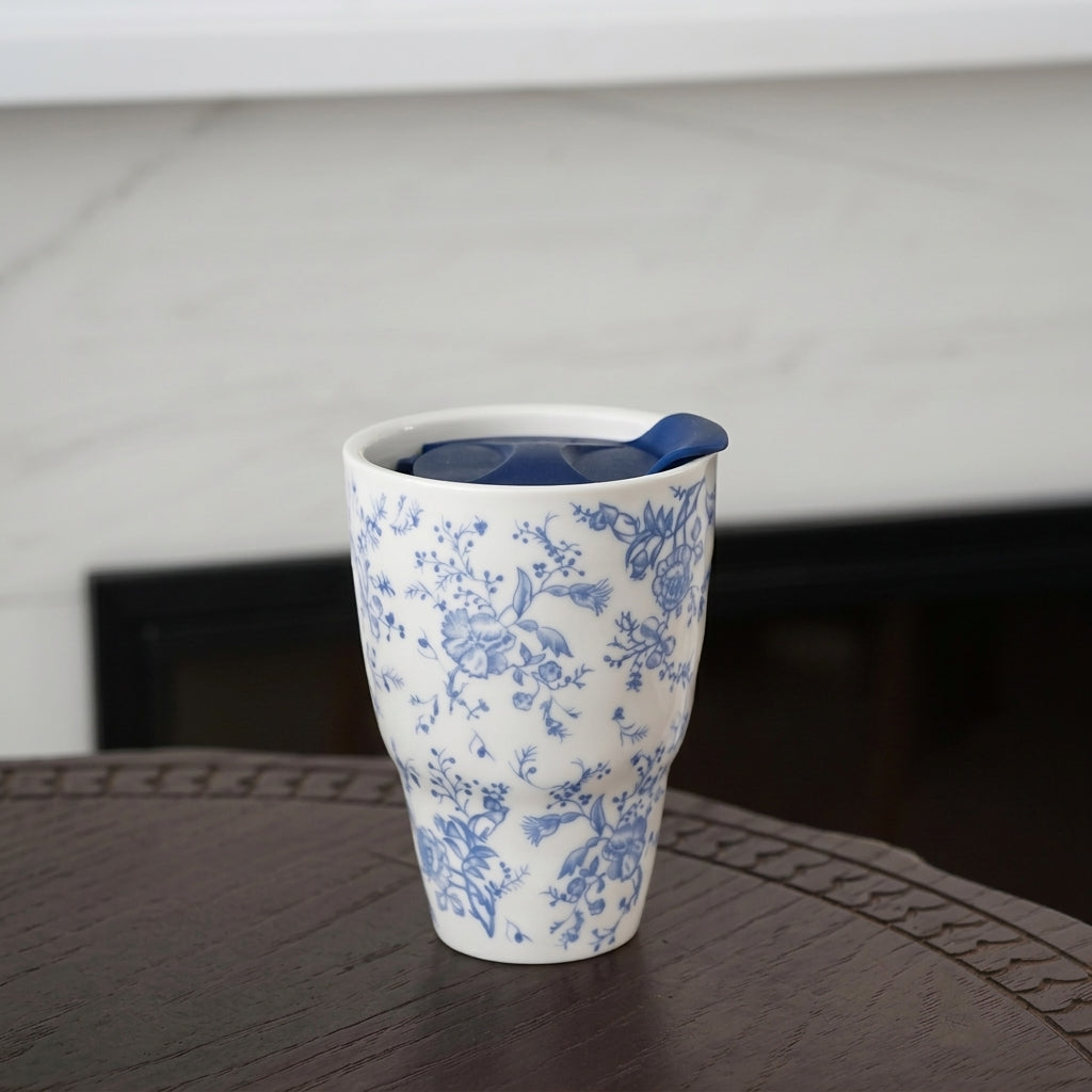 Azure Botanical Ceramic Travel Vessel | Chinoiserie Inspired Decor