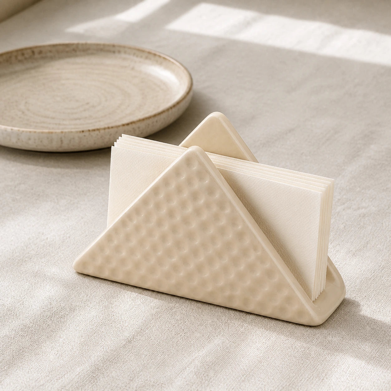 Beige dimpled ceramic napkin holder with folded paper napkins on a linen table
