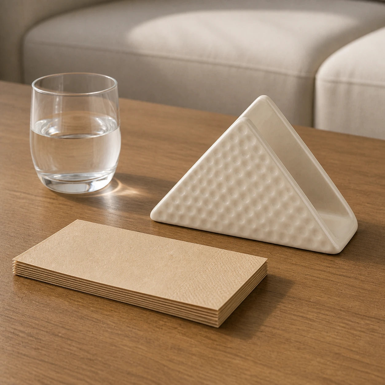 Empty beige triangular ceramic napkin holder beside tan folded napkins and a water glass
