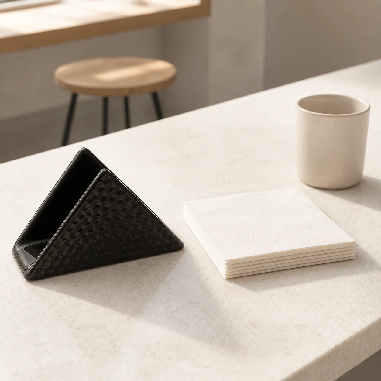 Empty black triangular ceramic napkin holder beside folded napkins and a ceramic cup on a light counter