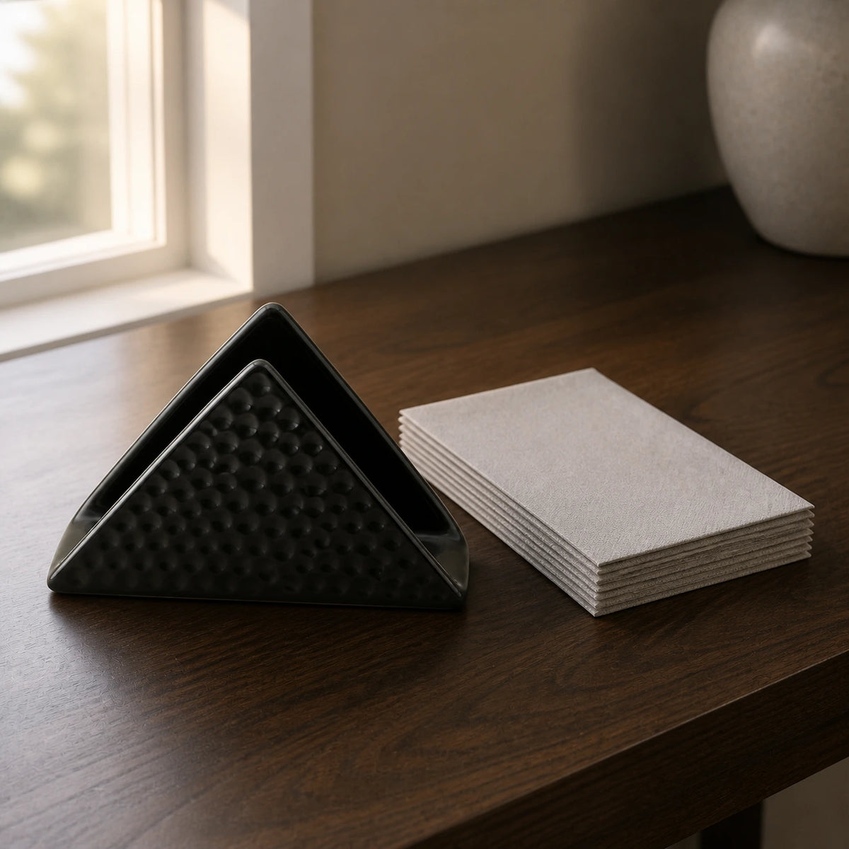 Black dimpled ceramic napkin holder beside folded napkins on a dark wood table