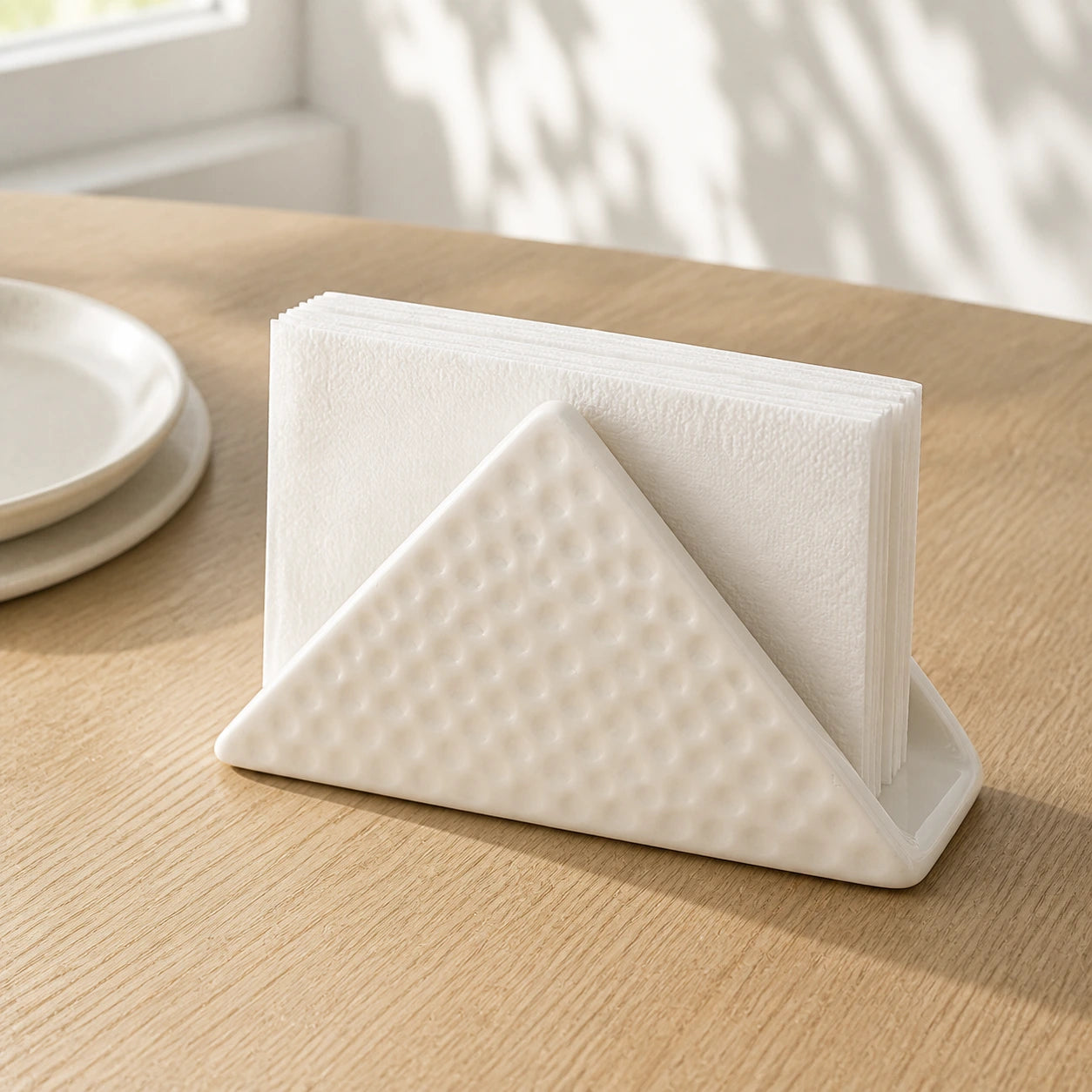 White dimpled ceramic napkin holder with folded paper napkins on a light wood table