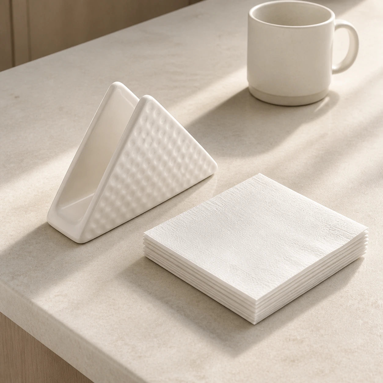 Empty white triangular ceramic napkin holder beside folded napkins and a mug
