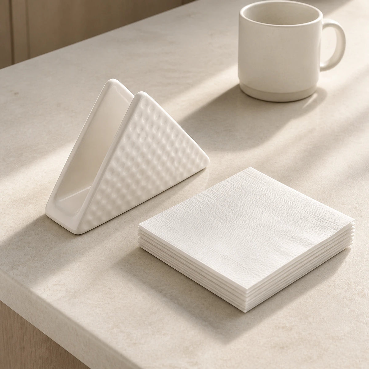 Empty white triangular ceramic napkin holder beside folded napkins and a mug