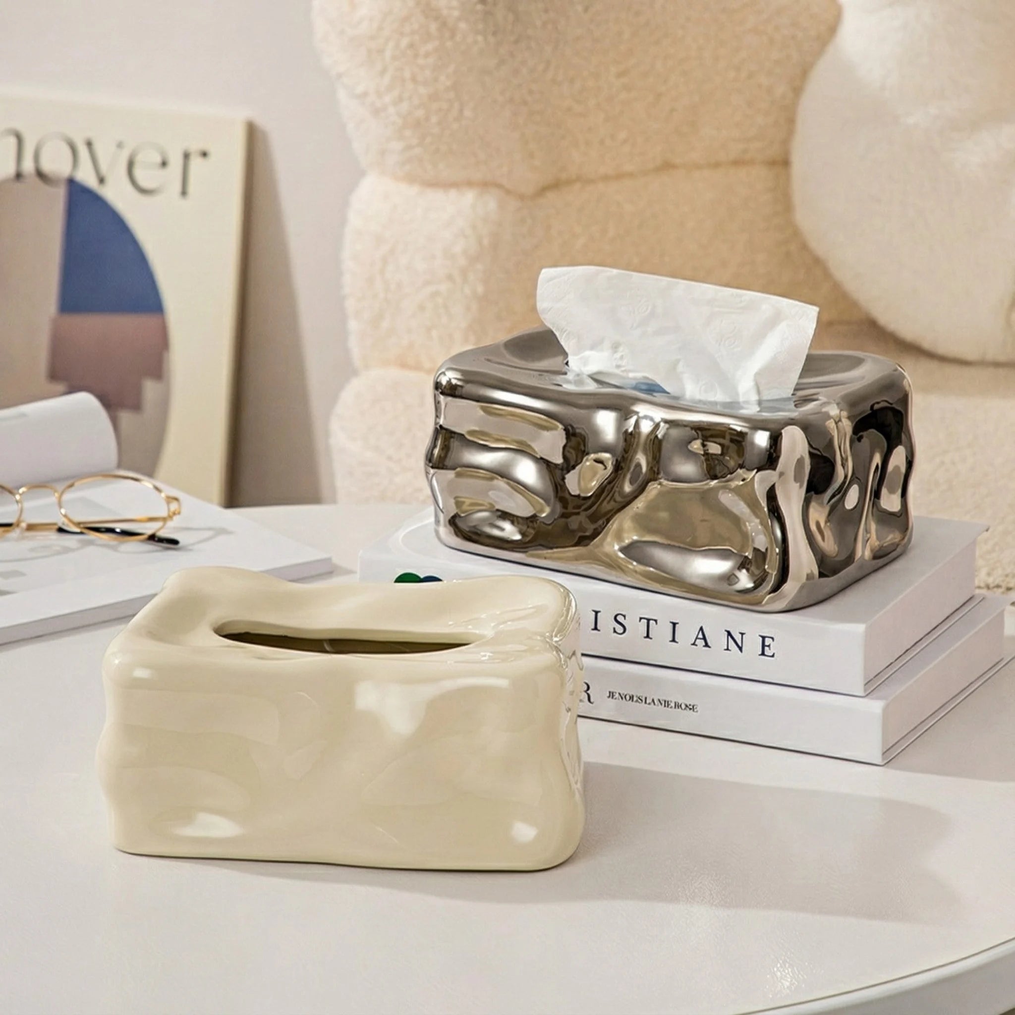 Wavy Sculptural Tissue Box Cover | Modern Melting Ceramic Decor