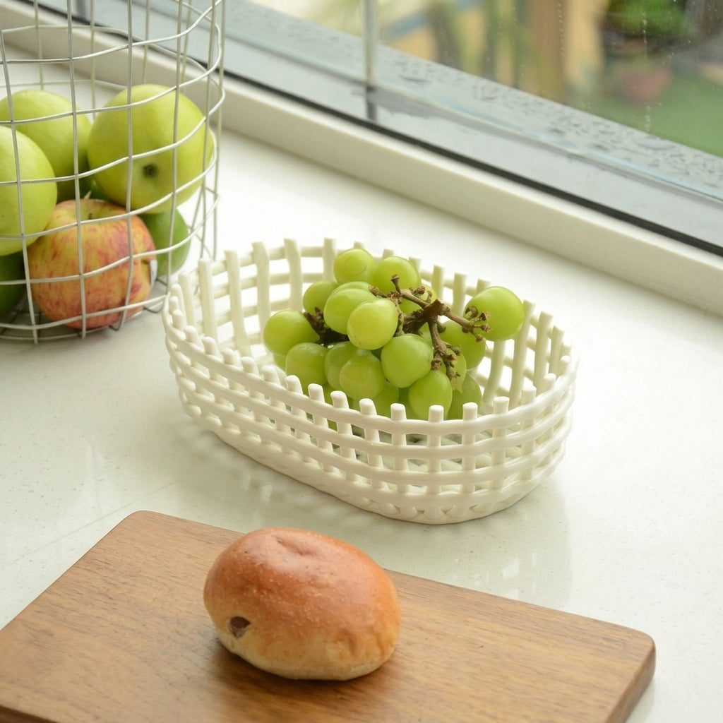 Sculptural Woven Oval Ceramic Basket | Artisanal Lattice Decor