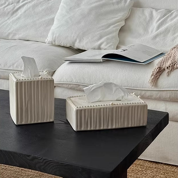 Fluted Beaded Ceramic Tissue Box | Neoclassical Pearl Decor