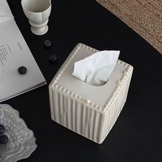 Fluted Beaded Ceramic Tissue Box | Neoclassical Pearl Decor