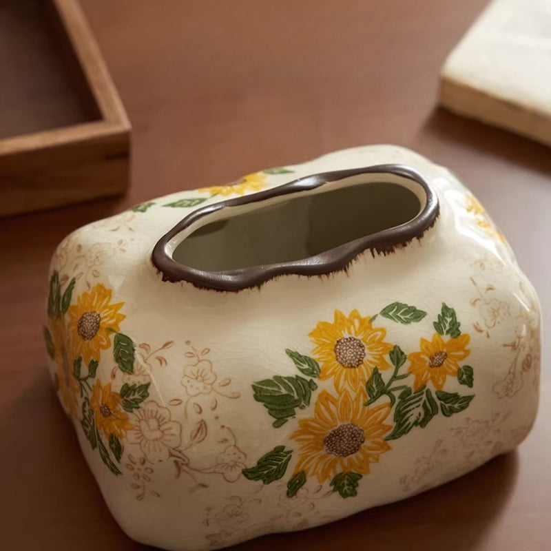 Vintage Sunflower Ceramic Tissue Box Cover | Artisan Crackle Glaze Decor