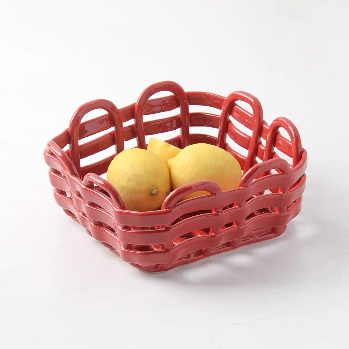 Handgewebter quadratischer Keramikkorb | Moderne geometrische Obst- & Brotschale