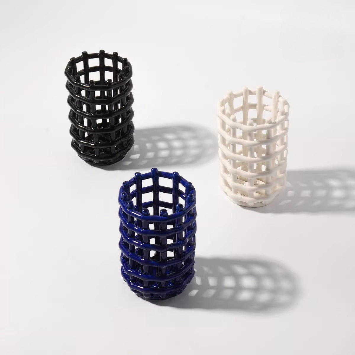 Hand-Finished Woven Lattice Ceramic Caddy | Modern Mesh Organizer