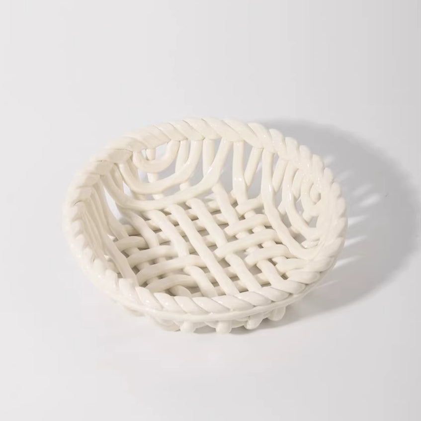 Artisanal Hand-Woven Ceramic Basket | Vintage White Lattice Fruit & Bread Bowl