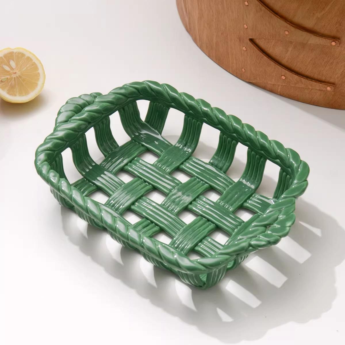 Artisanal Hand-Woven Ceramic Tray | Vintage Sage Green Woven Fruit & Bread Basket
