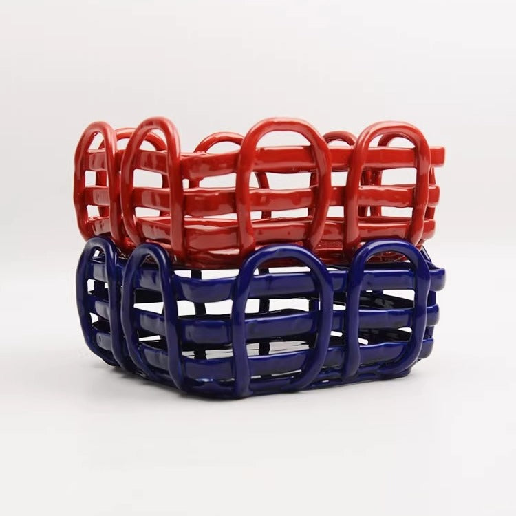 Handgewebter quadratischer Keramikkorb | Moderne geometrische Obst- & Brotschale