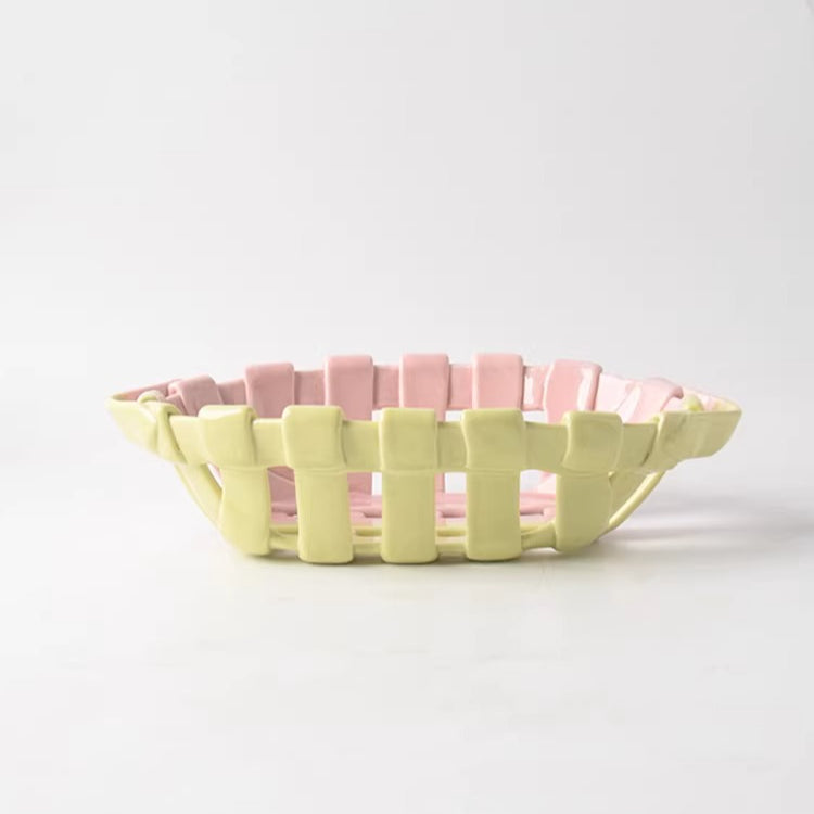 Artisanal Two-Tone Woven Ceramic Basket | Pink & Yellow Gradient Fruit Bowl