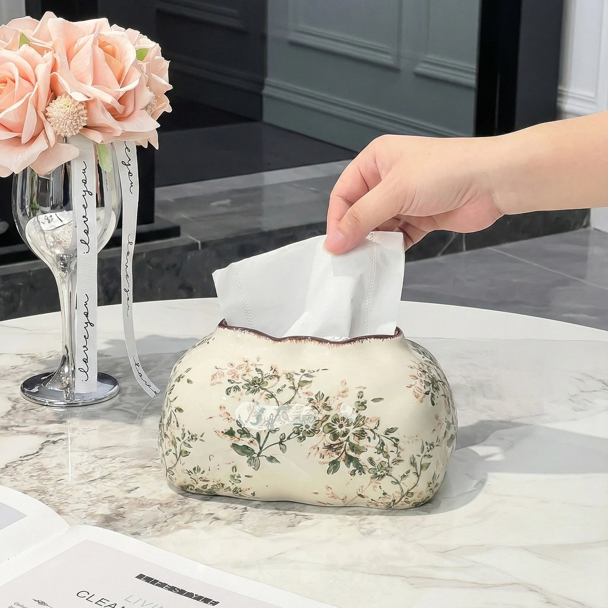 French Country Floral Tissue Box Cover | Vintage Crackle Glaze Decor