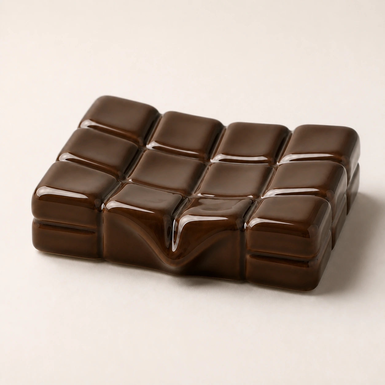 Close view of the dark cacao ceramic shallow basin, twelve tiles, and centered melt detail