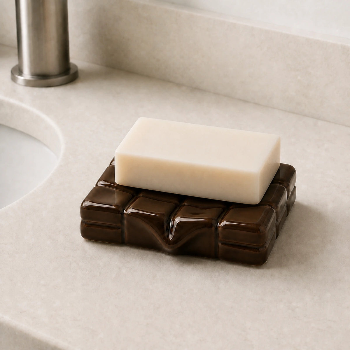 Dark cacao ceramic soap dish with a shallow basin holding a bar on a bathroom vanity