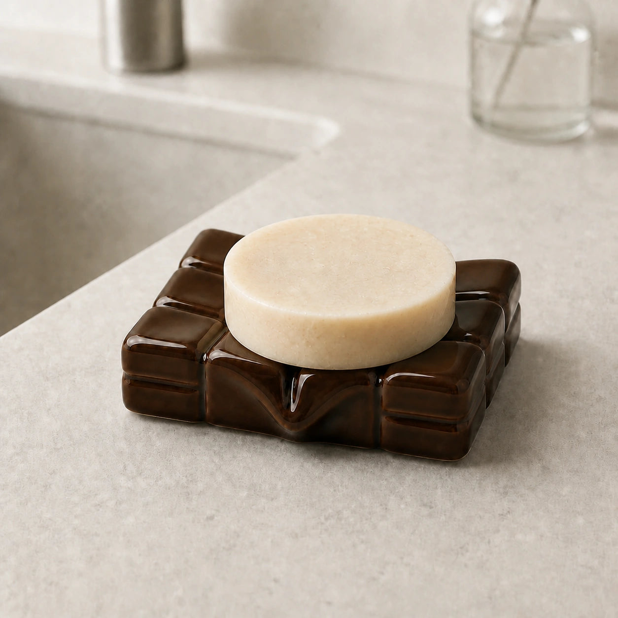 Dark cacao ceramic soap dish with a shallow basin holding a round soap puck by a sink