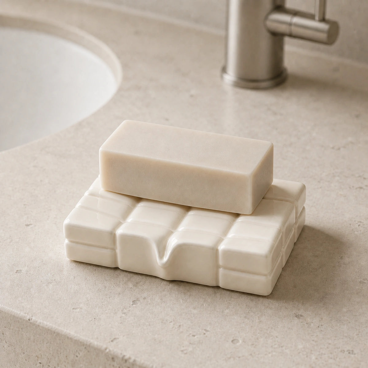 Glossy milk ceramic soap dish with a shallow basin holding a bar on a bathroom vanity