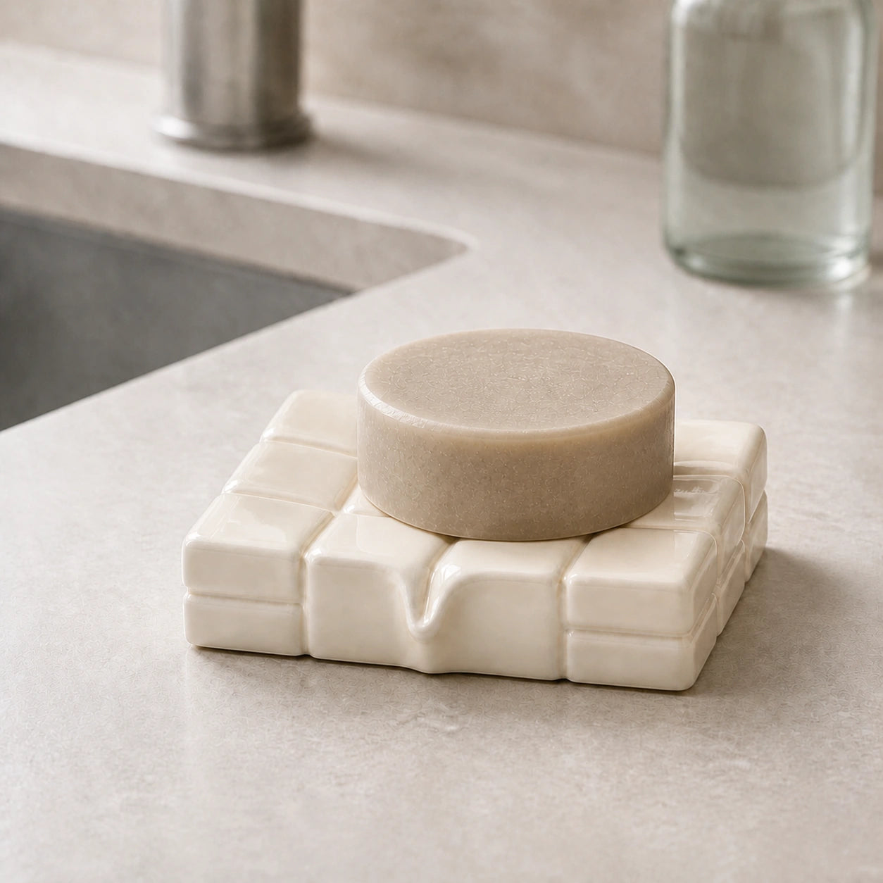 Glossy milk ceramic soap dish with a shallow basin holding a round soap puck by a sink
