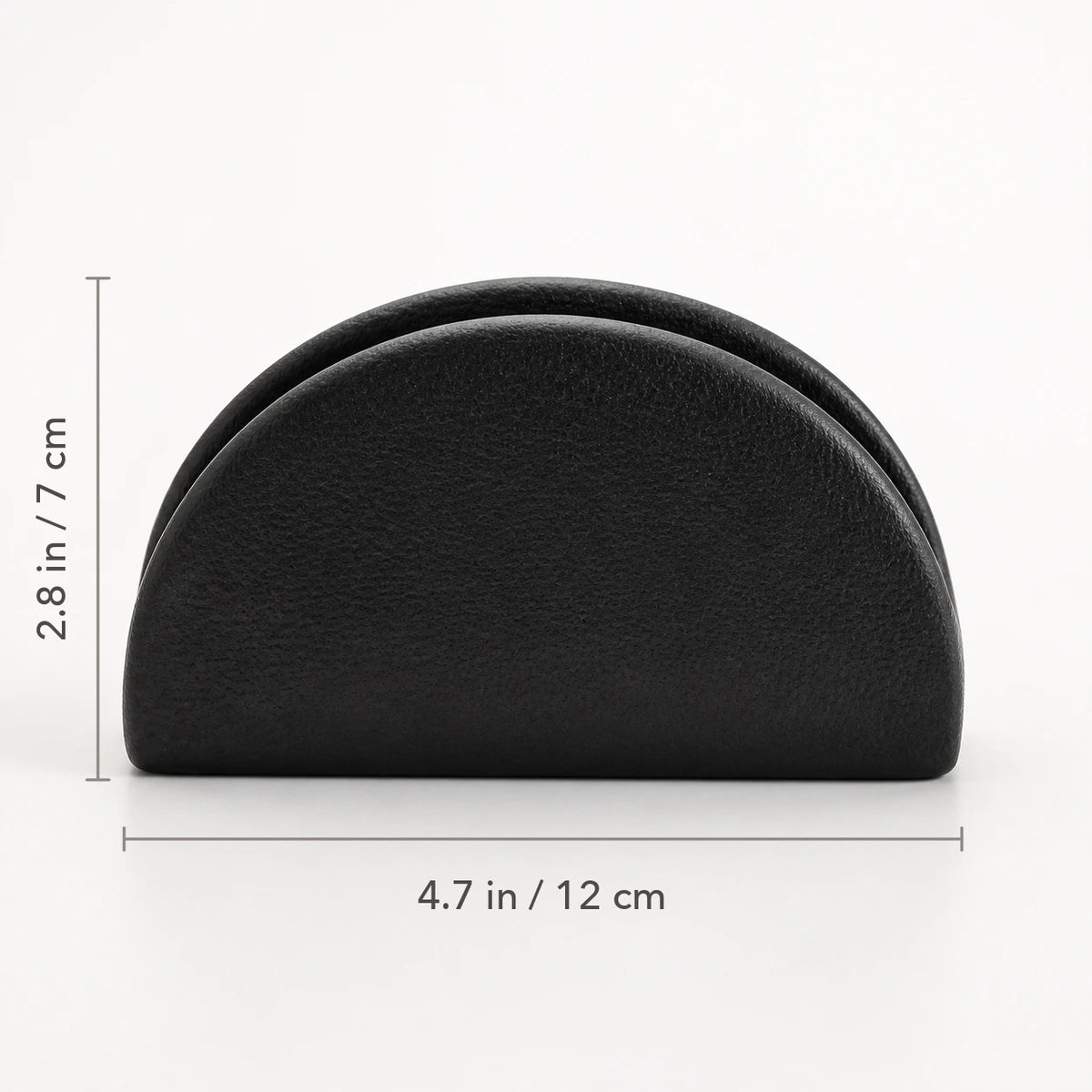 Front view of black ceramic napkin holder marked 4.7 inches wide by 2.8 inches high