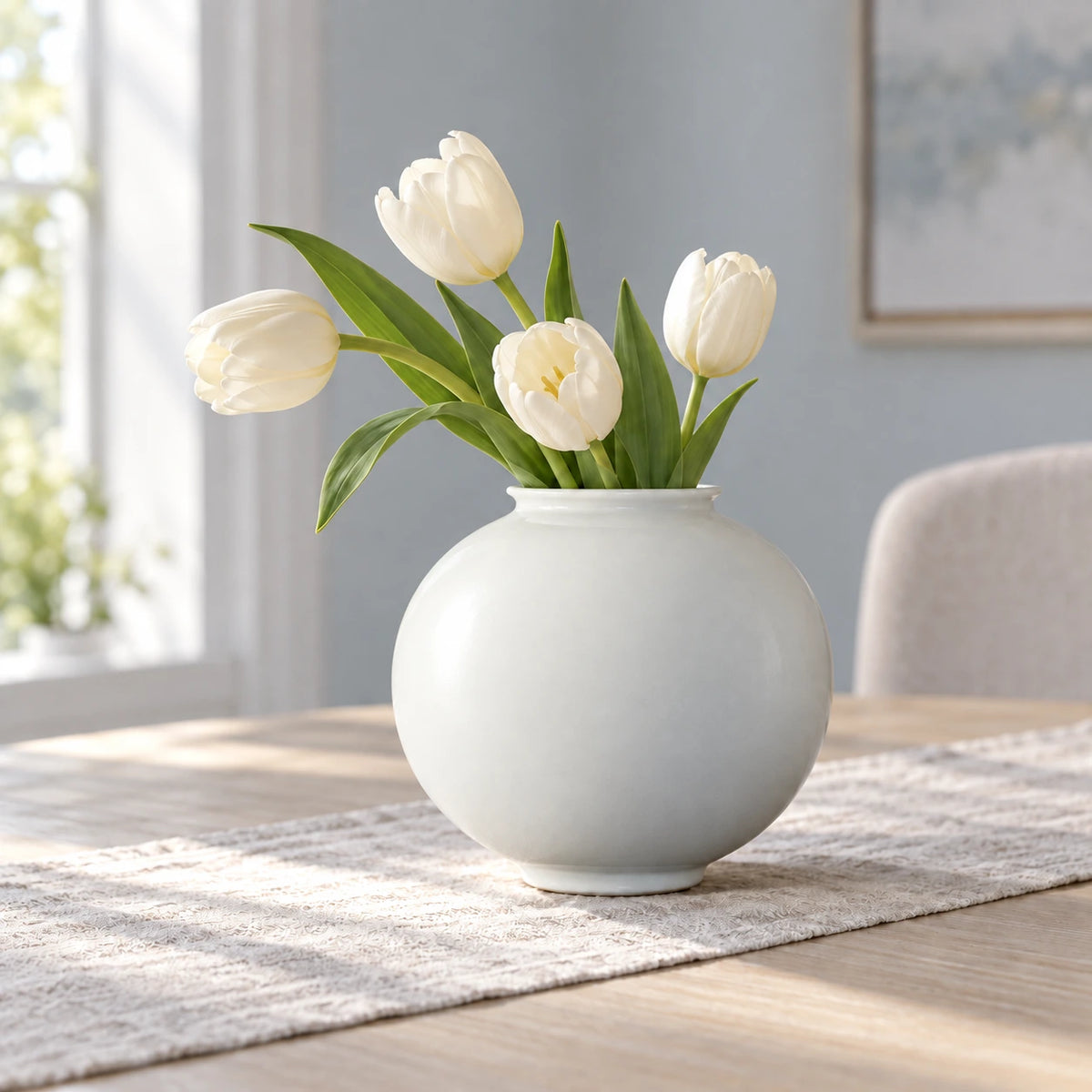 Mittlere weiße Mondvase mit vier elfenbeinfarbenen Tulpen auf einem Leinenläufer auf einem hellen Esstisch.