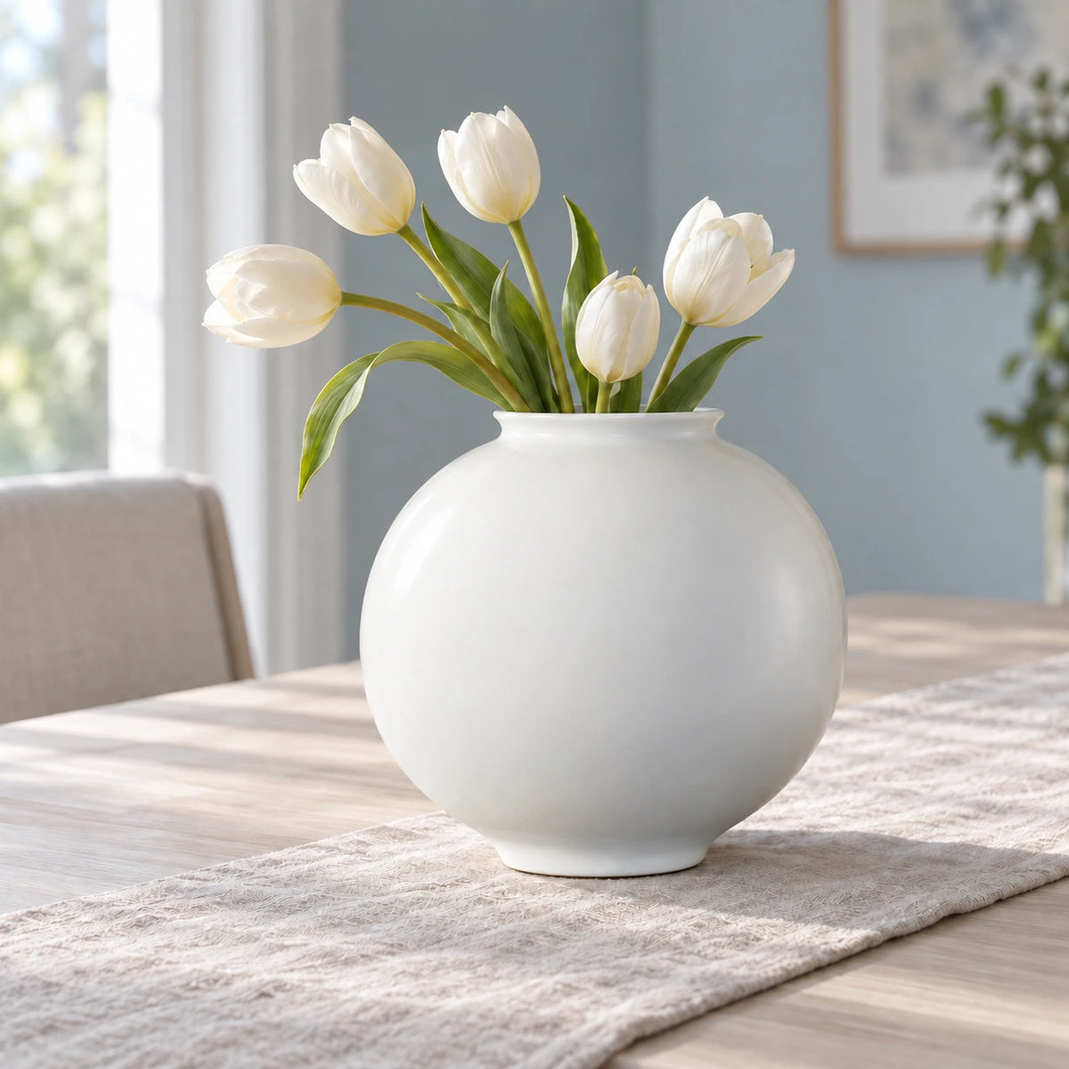 Große weiße Mondvase mit fünf elfenbeinfarbenen Tulpen auf einem Leinenläufer auf einem hellen Esstisch.
