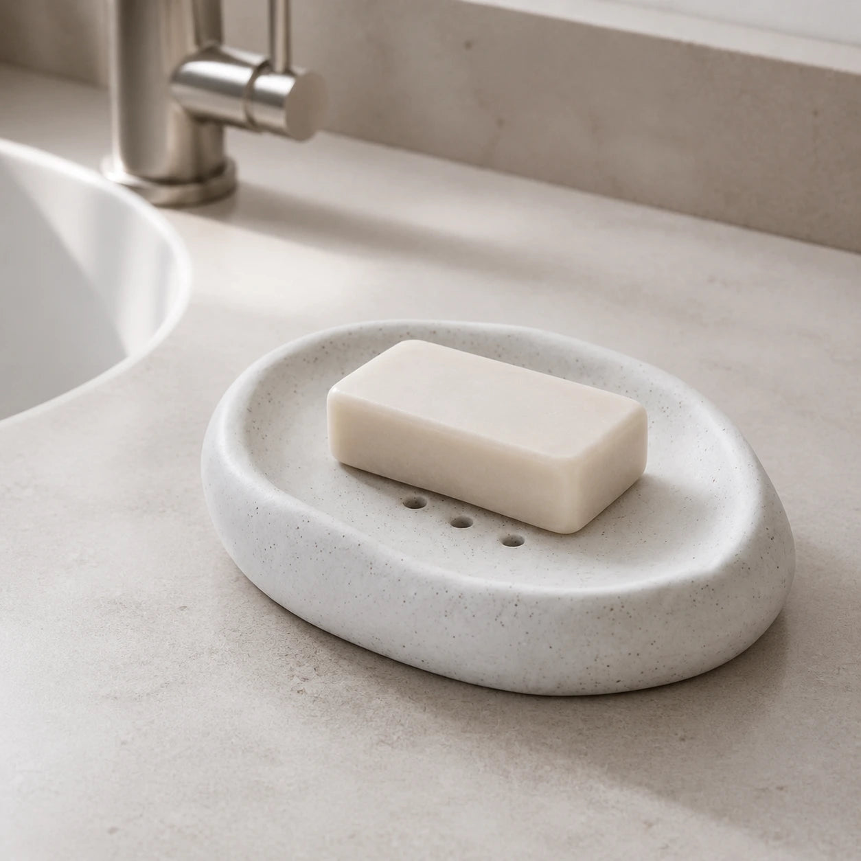 Matte Speckled Cloud ceramic soap dish holding an ivory bar beside a sink
