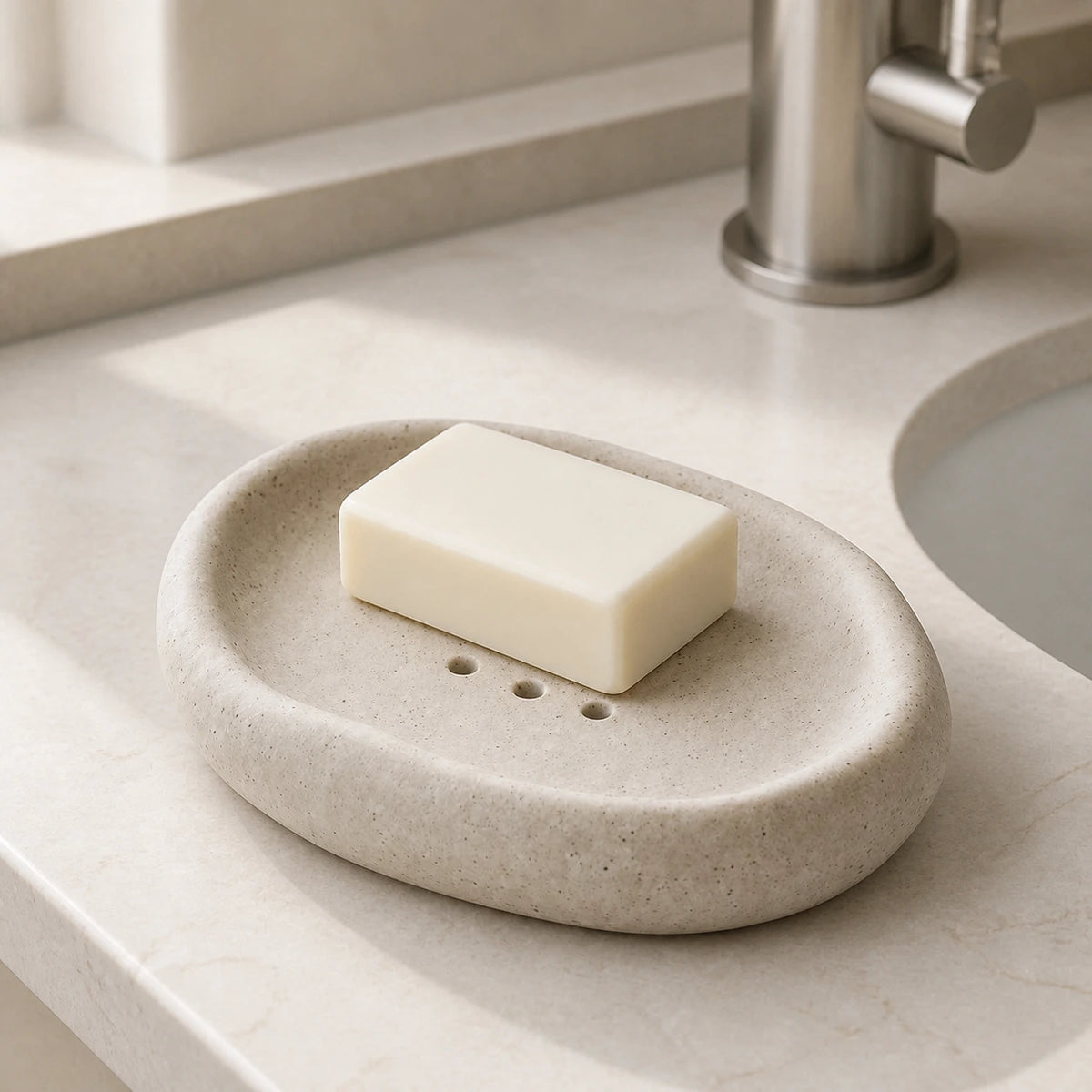 Warm Oat Sand ceramic soap dish holding an ivory bar beside a sink