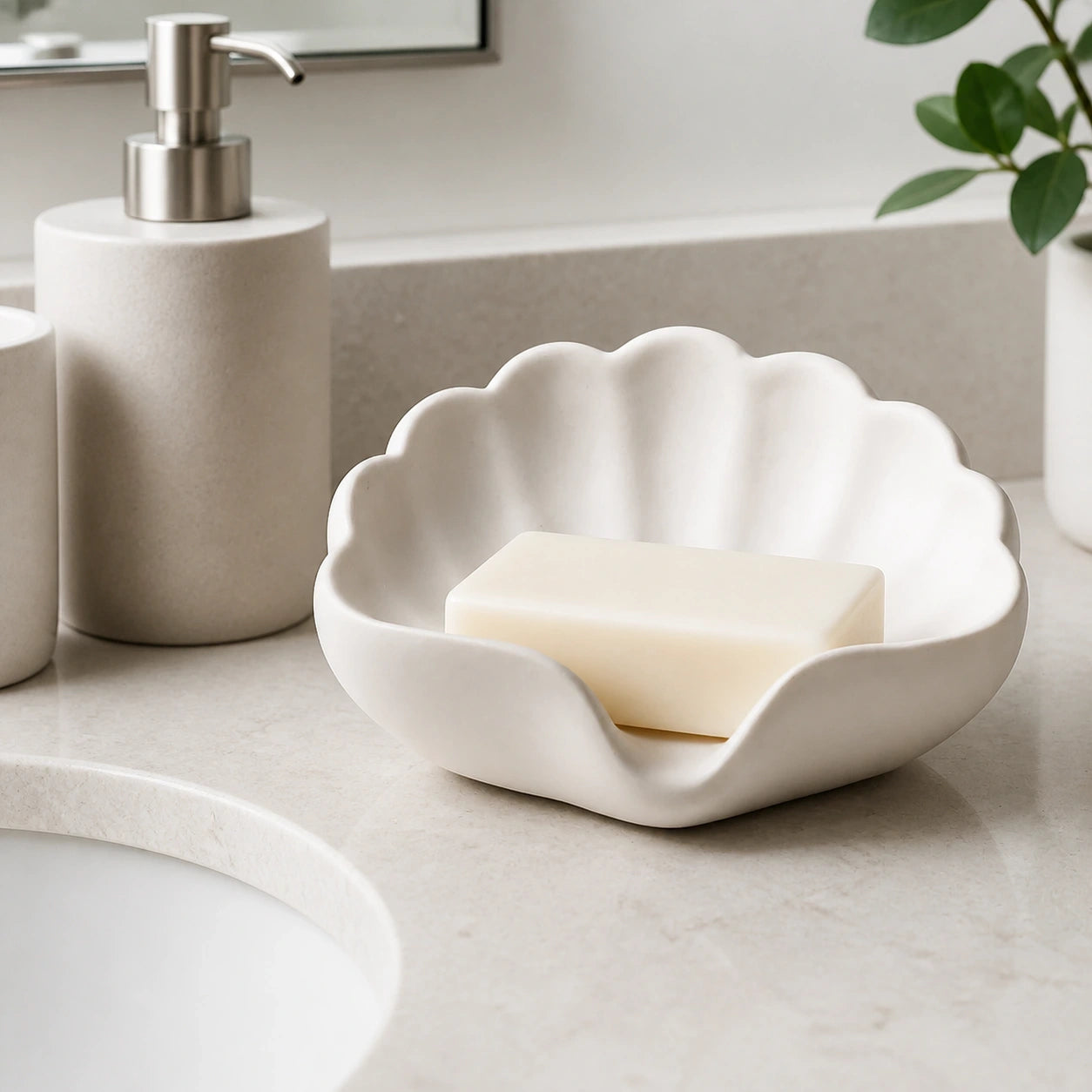 Pearl white shell soap dish holding a bar of soap beside a bathroom sink