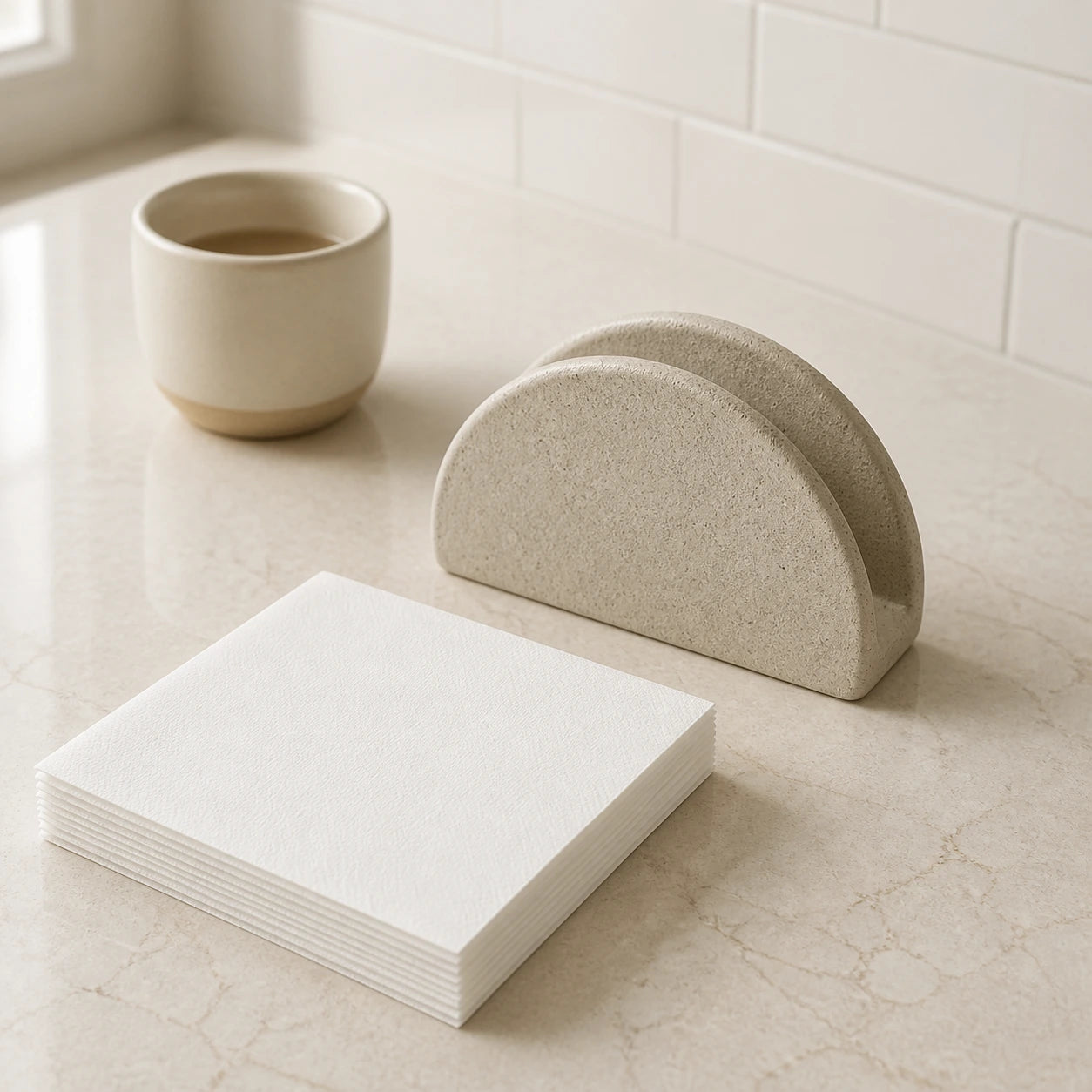 Empty speckled ceramic napkin holder beside folded paper napkins and a cup