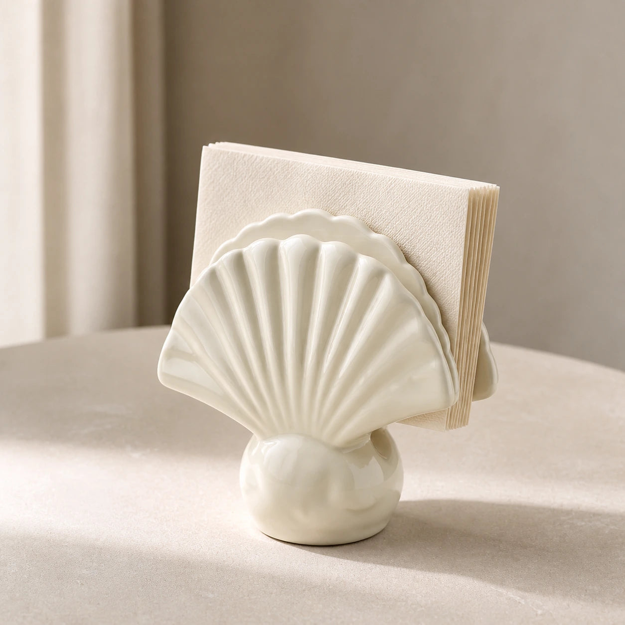 Elfenbeinfarbener Keramik-Serviettenhalter in Muschelform mit gefalteten Papierservietten auf hellem Steintisch