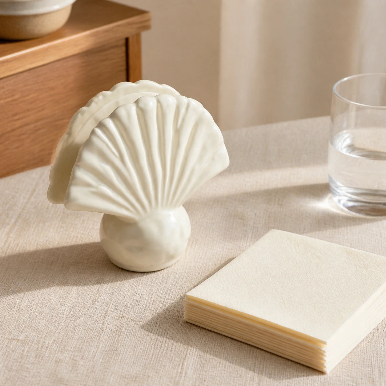 Elfenbeinfarbener Keramik-Serviettenhalter in Muschelform neben gefalteten beigen Servietten und einem Trinkglas