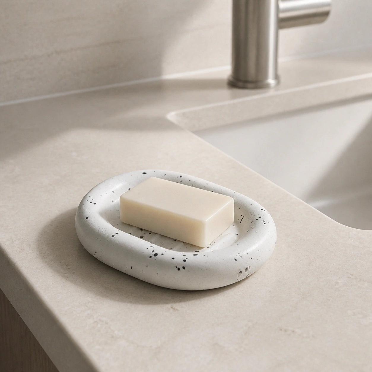 Ink splatter white ceramic soap dish holding a soap bar beside a bathroom sink