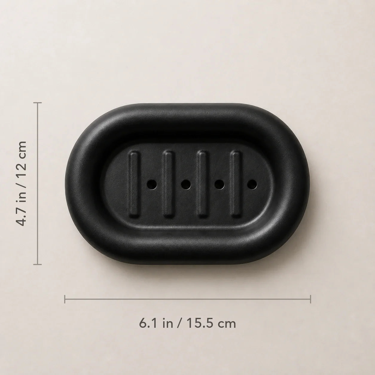 Matte black rounded ceramic soap dish with 6.1 by 4.7 inch dimensions