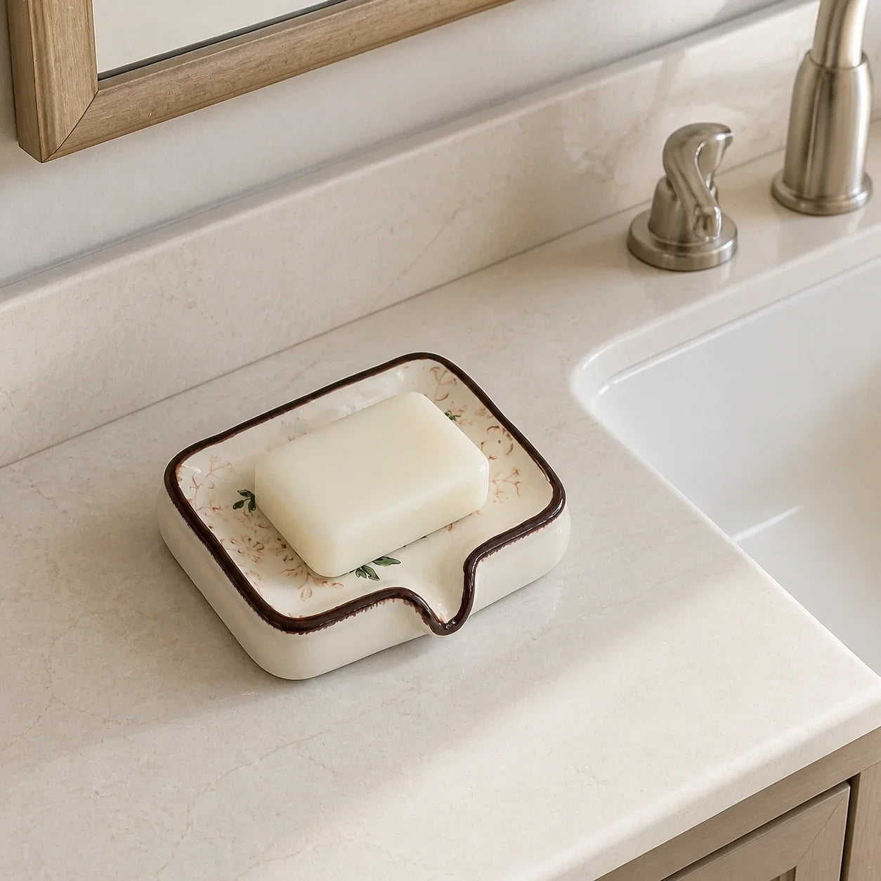 Botanical ceramic soap dish with a plain soap bar beside a guest bathroom sink