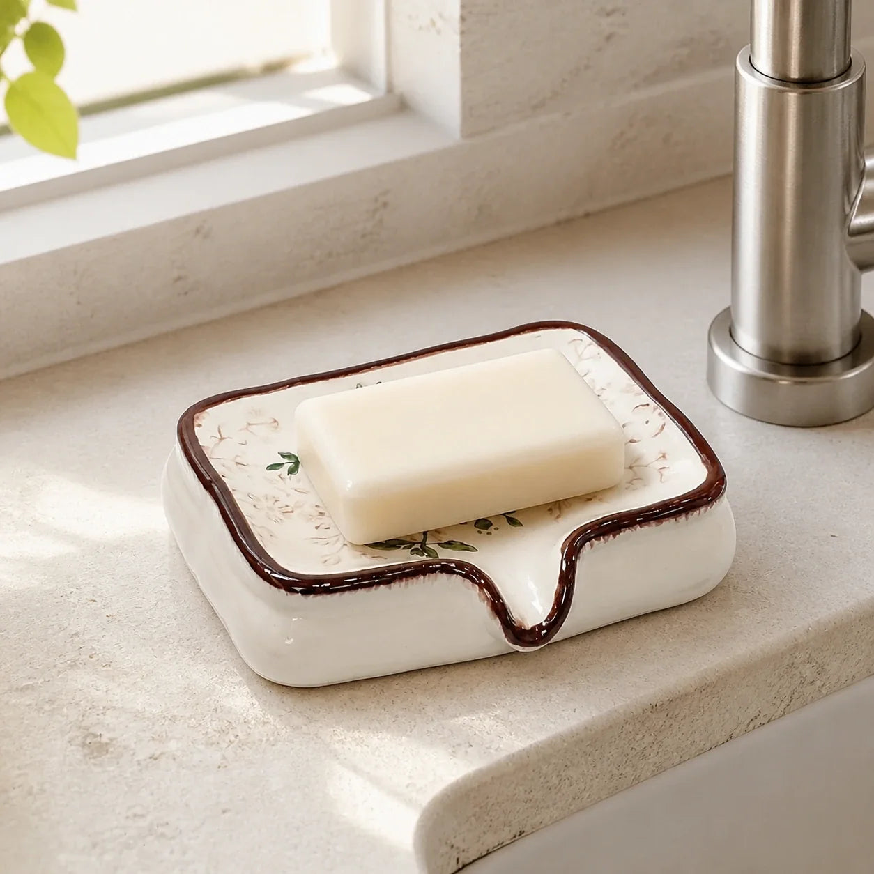 Botanical ceramic soap dish holding an ivory bar beside a sunlit stone sink