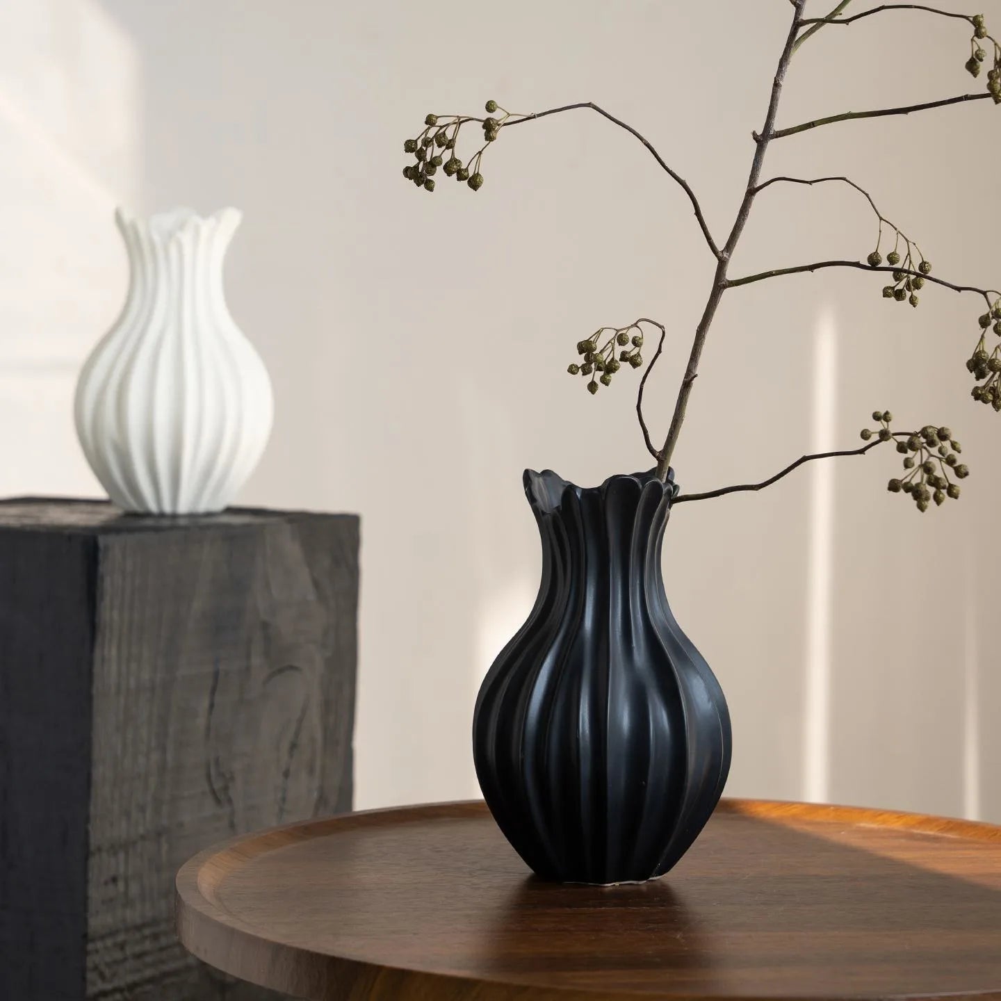 Fluted Bud Ceramic Vase | Ribbed Japandi Decor