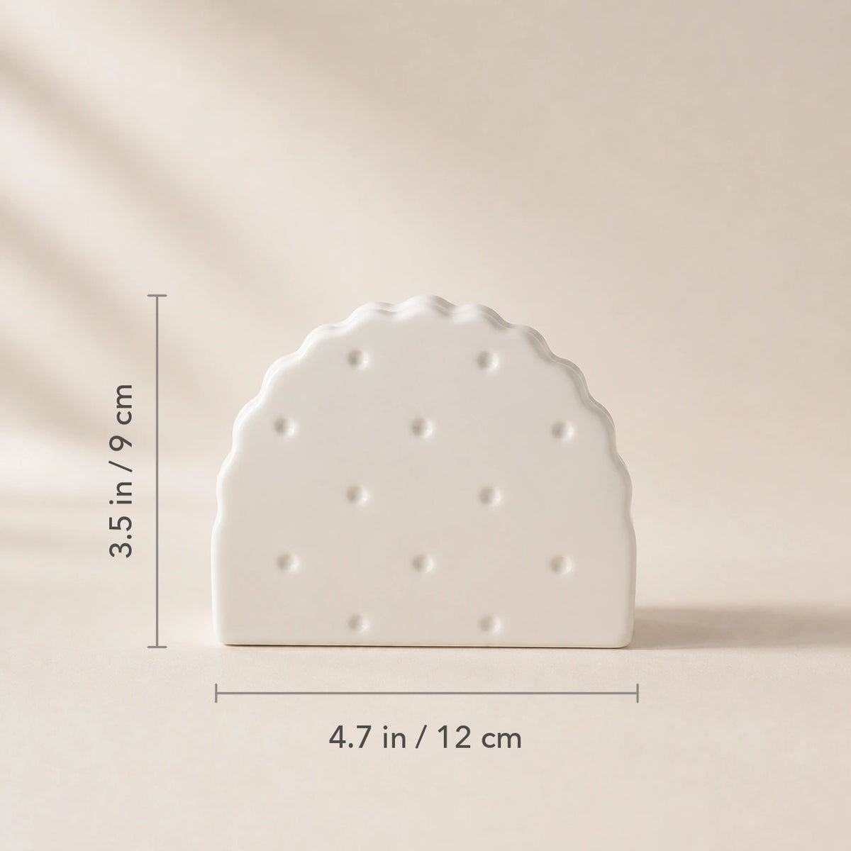 Soda Cracker Alabaster White ceramic napkin holder marked 4.7 inches wide and 3.5 inches high