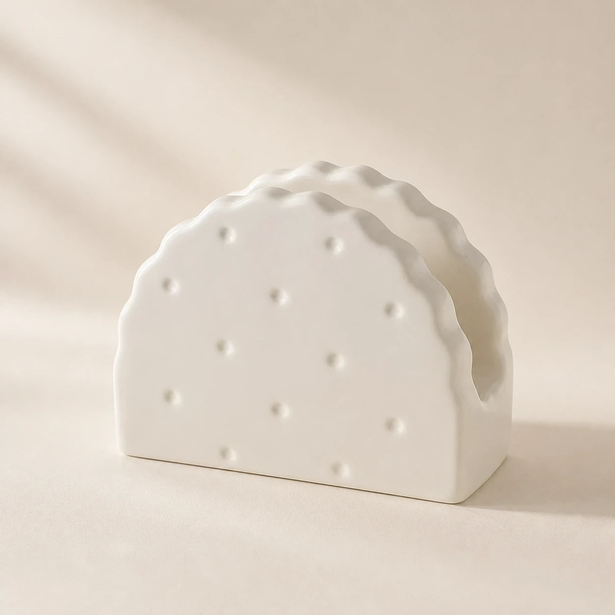 Alabaster White Soda Cracker ceramic napkin holder with scalloped edges
