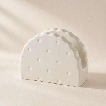 Alabaster White Soda Cracker ceramic napkin holder with scalloped edges