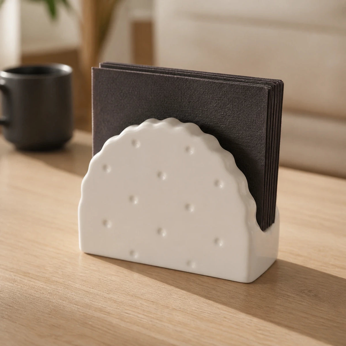 Alabaster White Soda Cracker ceramic holder with black napkins on a wood table
