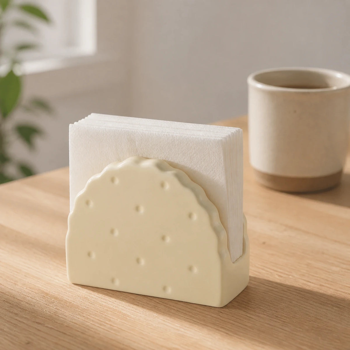 Butter Cream Soda Cracker ceramic holder with white napkins beside a stoneware mug