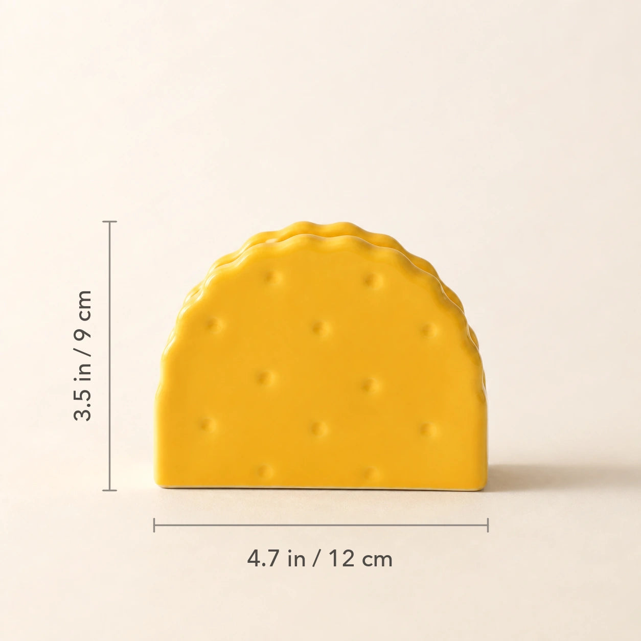 Soda Cracker Classic Yellow ceramic napkin holder marked 4.7 inches wide and 3.5 inches high