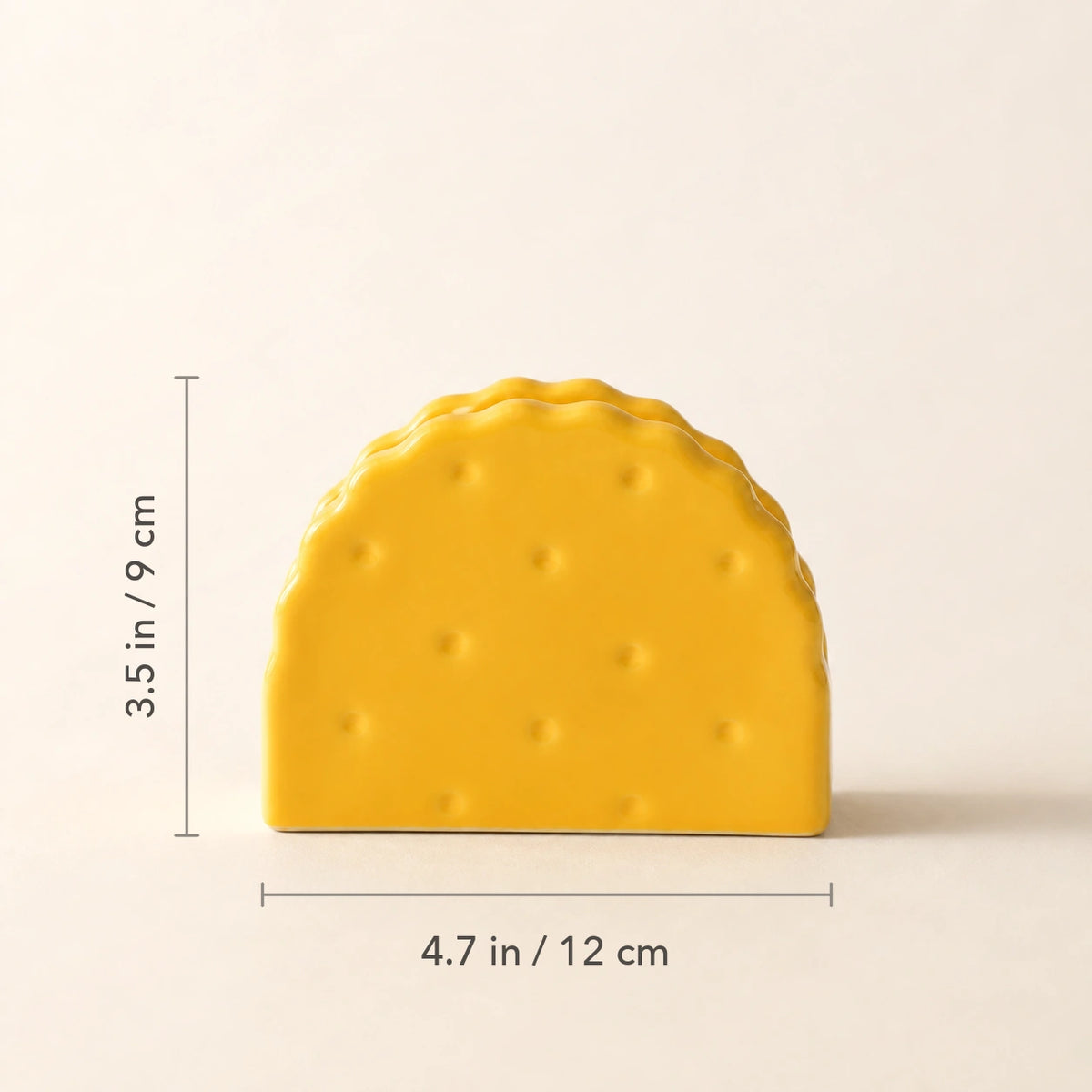 Soda Cracker Classic Yellow ceramic napkin holder marked 4.7 inches wide and 3.5 inches high