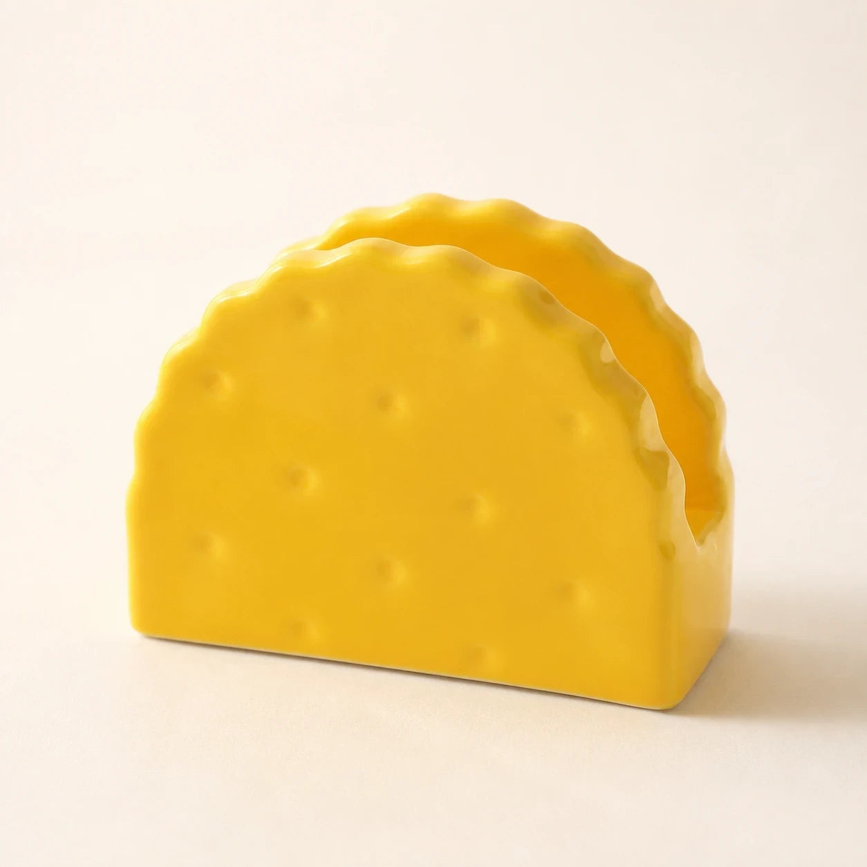 Classic Yellow Soda Cracker ceramic napkin holder with scalloped edges