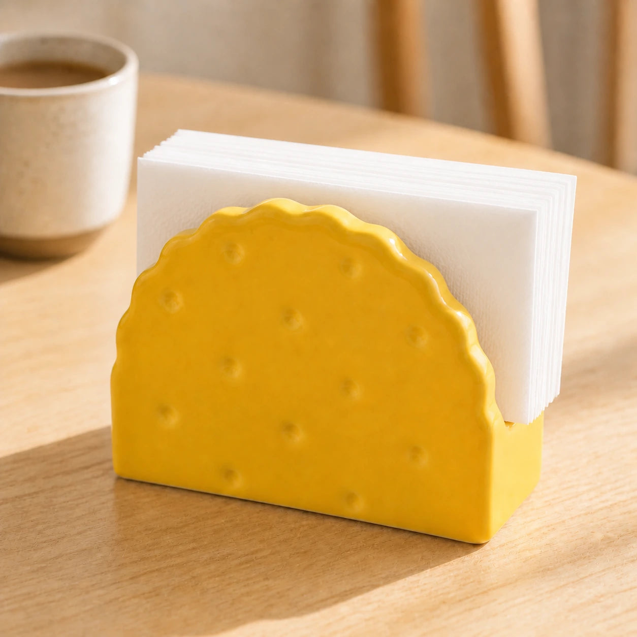 Classic Yellow Soda Cracker ceramic holder with white napkins on a dark wood table