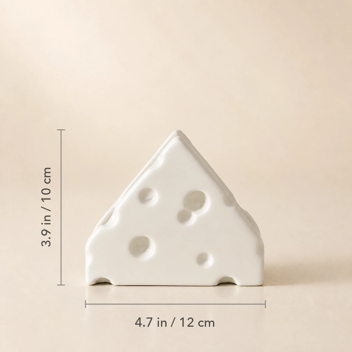 Swiss Cheese Alabaster White ceramic napkin holder marked 4.7 inches wide and 3.9 inches high