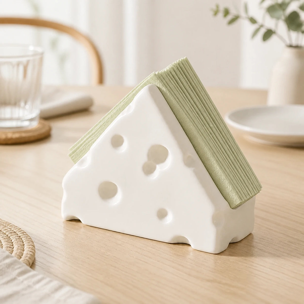 Alabaster White Swiss Cheese ceramic napkin holder with sage napkins on a light wood table